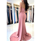 Vestido de fiesta largo, formal, de satén, plisado, con abertura alta y sin tirantes 