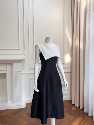 Vestido de fiesta único de un solo hombro, corte en A, satén blanco y negro, vestido de noche formal Y8580