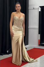Trendy Silver Spaghetti Straps Satin Mermaid Long Corset Prom Dress with Appliques