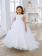 Vestido de princesa color marfil con apliques de encaje y cola de tul para niñas 