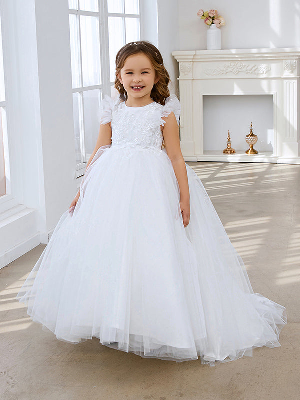 Vestido de princesa color marfil con apliques de encaje y cola de tul para niñas 