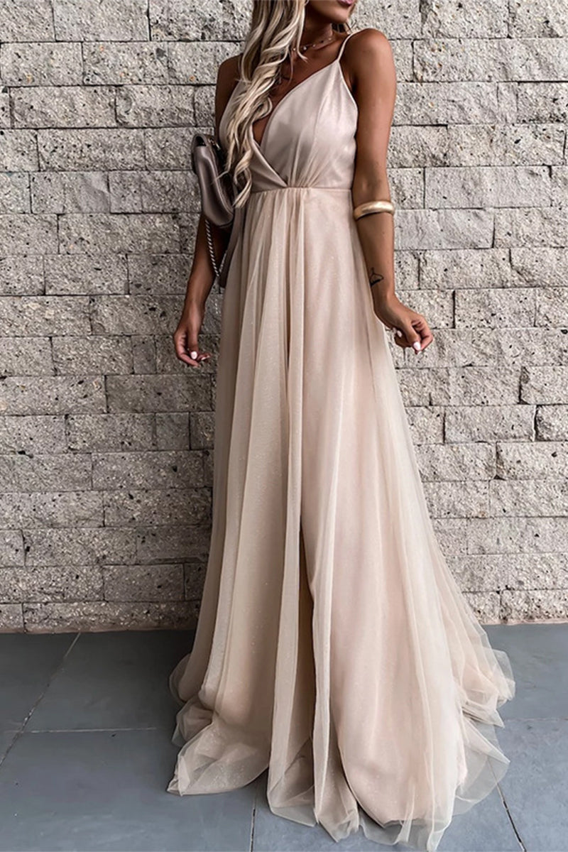 Vestidos de noche sexys formales de malla sólida con escote en V 