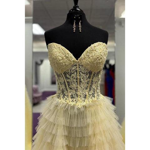 V-Neck Sleeveless A-Line Applique Slit Formal Prom Dress