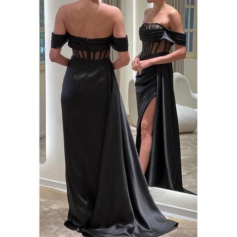 sexy & hot satin off-shoulder illusion pleats long prom dress with slit