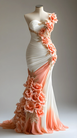 Pretty Peony Flower Appliques Chiffon Prom Dress Mermaid Long Evening Dress Y8565