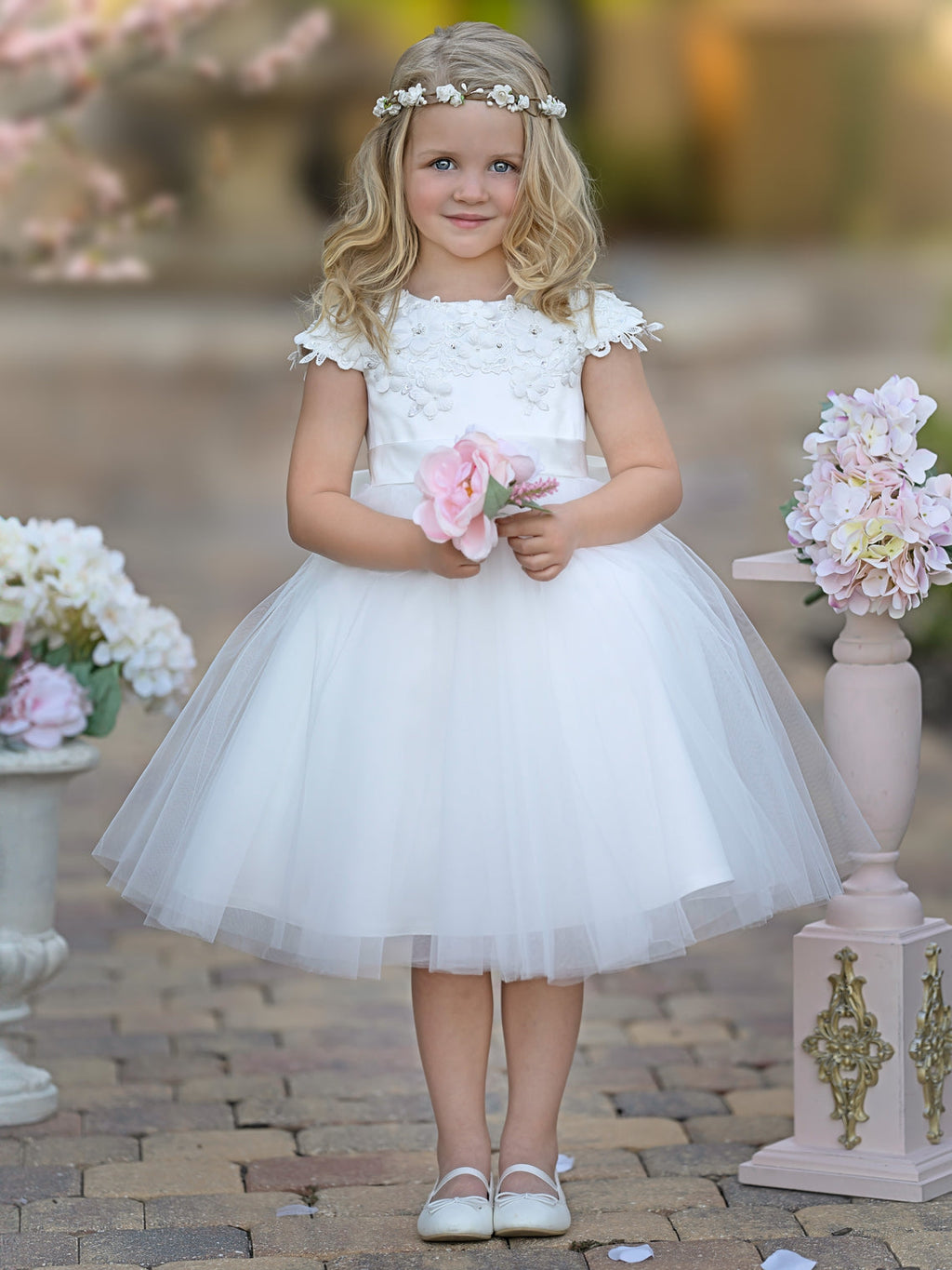 Vestido de niña de las flores de la Primera Comunión, color marfil, de tul satinado hasta la rodilla 