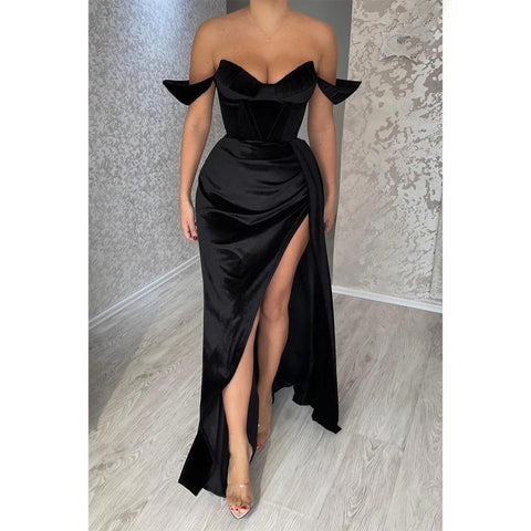 Robe de soirée longue noire sexy à col en V et fente