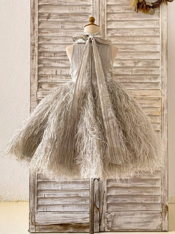 Vestido de cumpleaños plateado hasta la rodilla de jacquard para niña