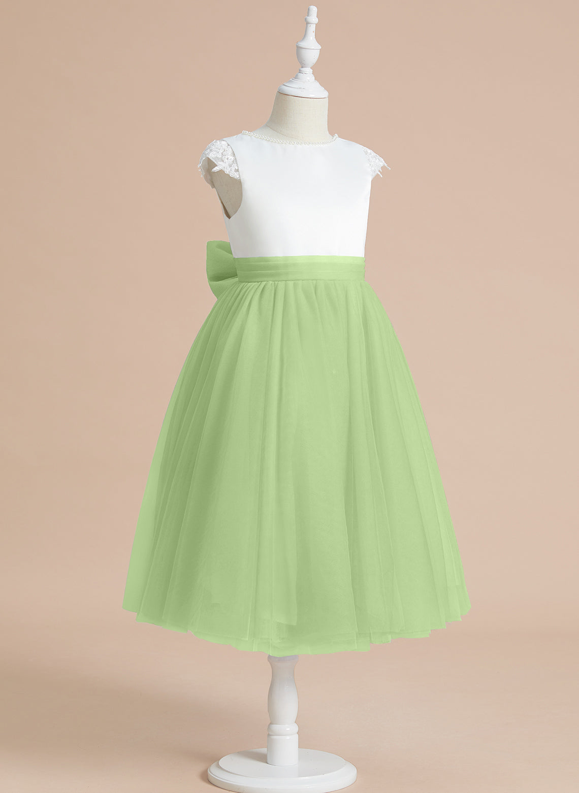 Vestido de niña de las flores para la Primera Comunión, corte en A, satén y tul, hasta la rodilla. 