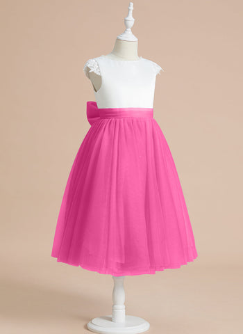 Vestido de niña de las flores para la Primera Comunión, corte en A, satén y tul, hasta la rodilla. 