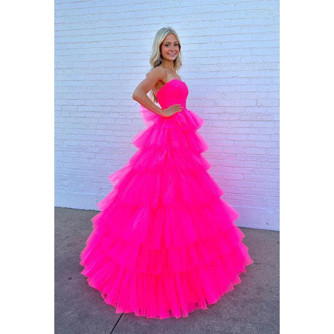 Robe de bal longue en tulle rose vif sans bretelles