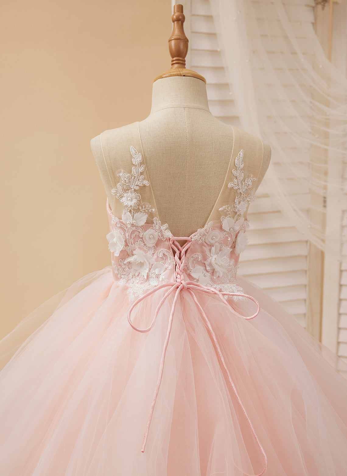 Vestido de baile/princesa de encaje y tul rosa hasta el suelo (2003226757)