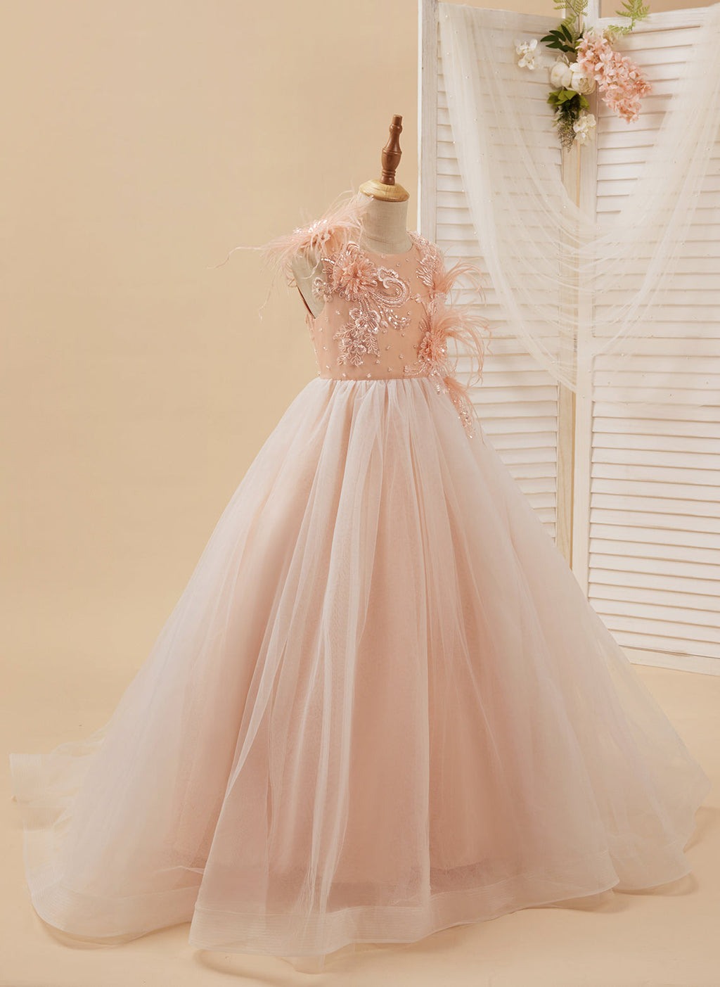 Vestido de princesa rosa para niña de las flores, estilo gala/con cola de tul. 