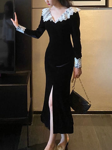 TARUXY Splice Lace Vintage Dresses Women's Black Temperament Slim Dress Lady Side Slit Party Elegant Retro Evening Dress Women