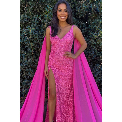 Vestido formal de noche con escote en V, lentejuelas, abertura, sin mangas y corte tubo/columna