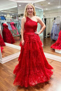 Robe de bal longue trapèze en tulle à volants asymétrique à une épaule