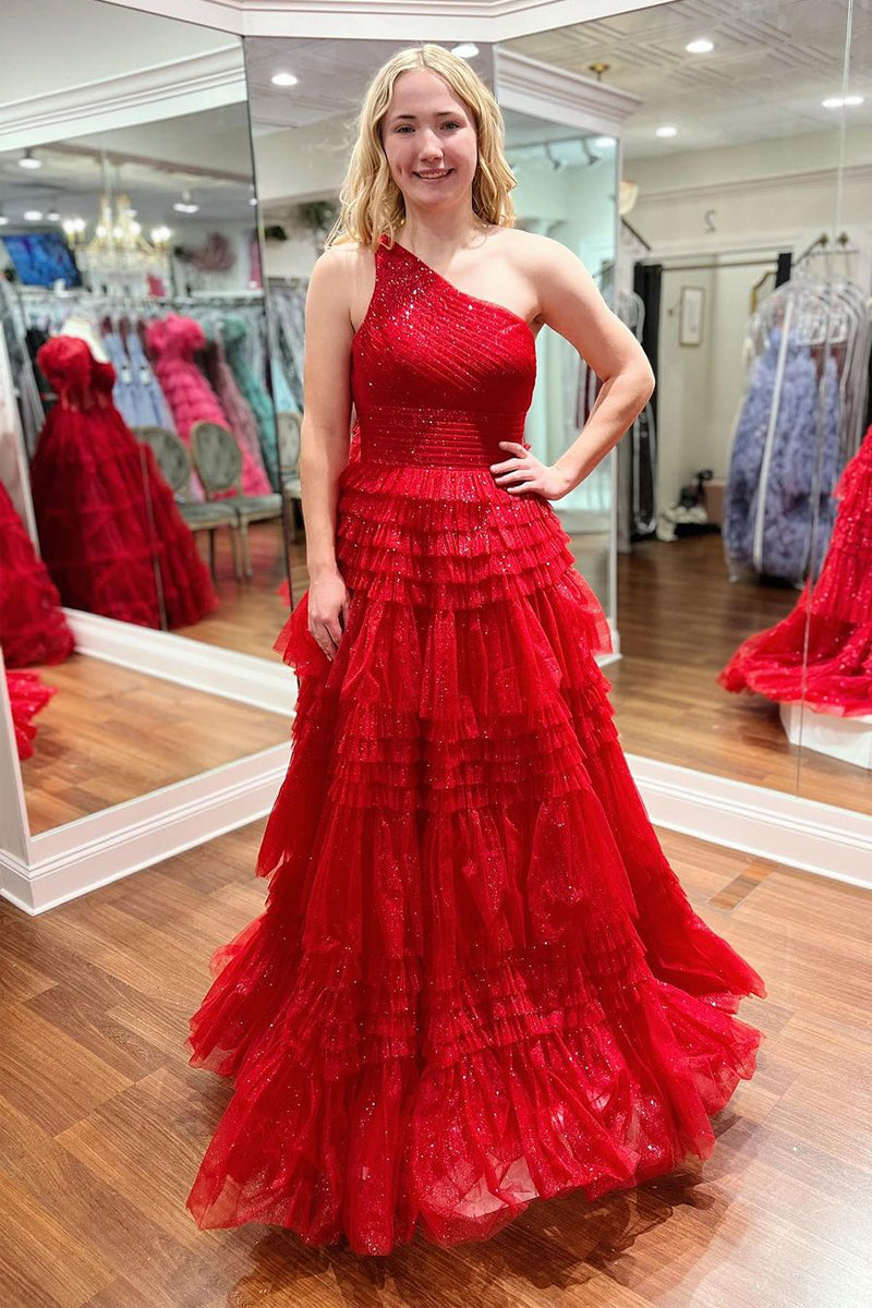 Robe de bal longue trapèze en tulle à volants asymétrique à une épaule