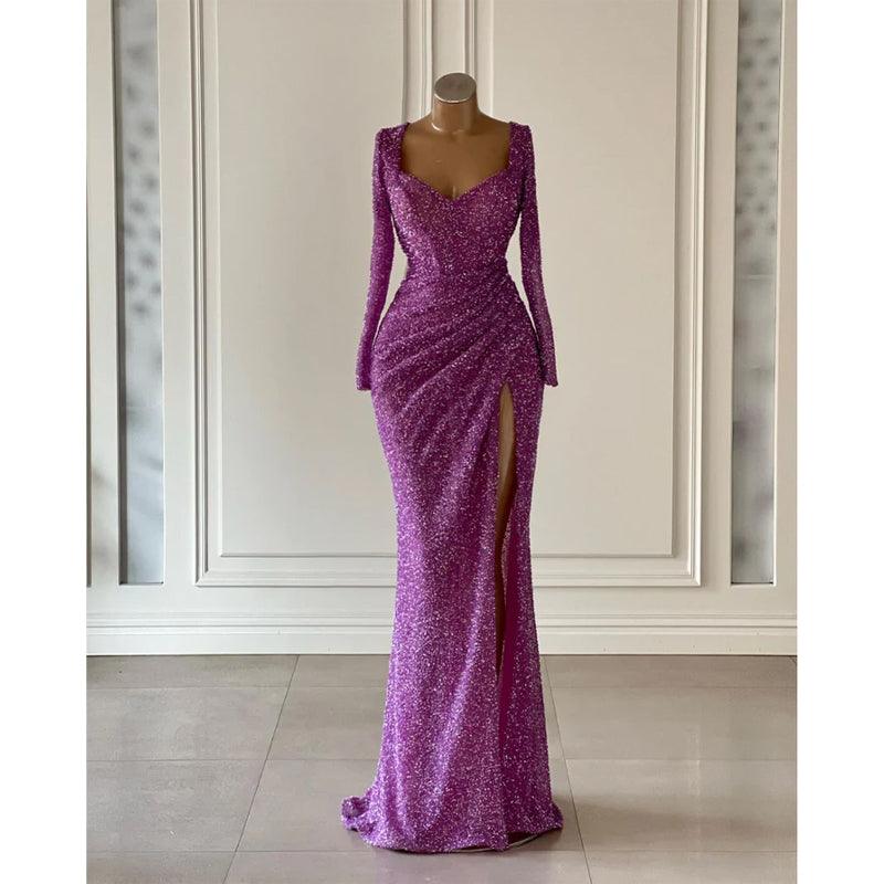 Robe de bal fourreau à paillettes, col en V, manches longues, froncée, fente latérale