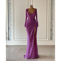 Robe de bal fourreau à paillettes, col en V, manches longues, froncée, fente latérale