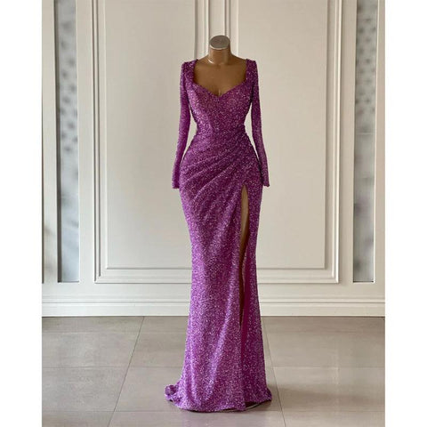Sequins V-Neck Long Sleeve Ruched Side Slit Sheath Formal Prom Dress