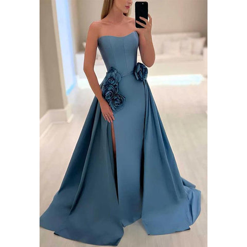 Satin A-line Sweetheart Floral Embossed with Slit Party Prom Evening Dress