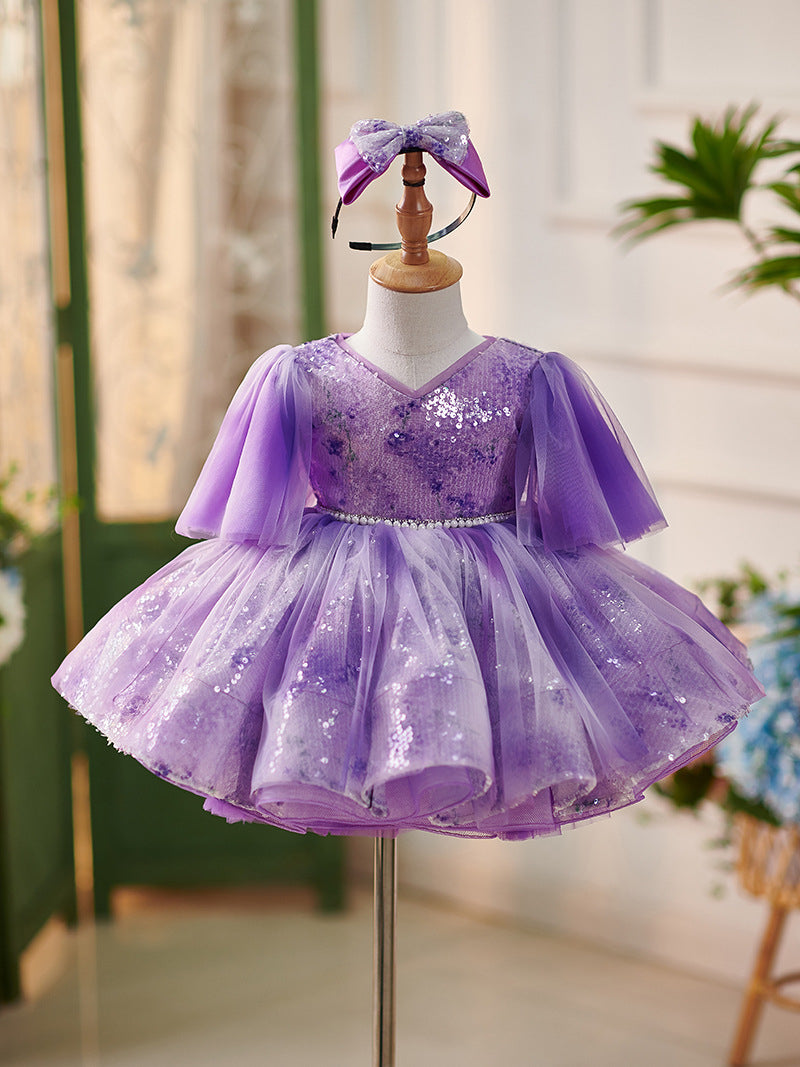 Vestido de tul con lentejuelas moradas hasta la rodilla para bebé niña 