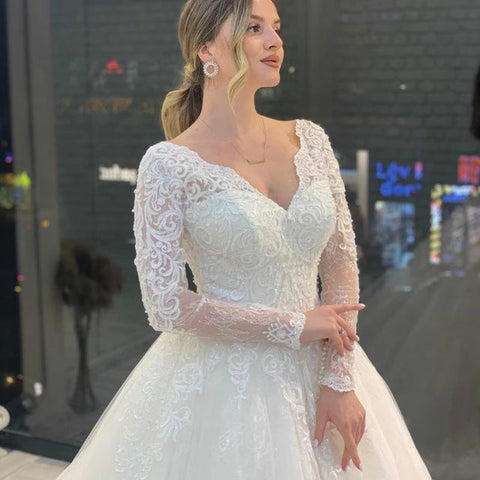 Vestido de novia romántico con escote en V, apliques de encaje y tul, estilo 2022. Vestido de novia de manga larga y espalda descubierta. Vestido de novia a medida.