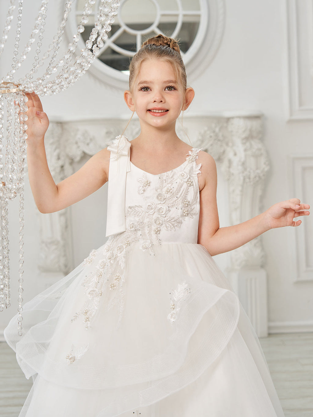 Vestido de princesa/vestido de tul hasta el suelo para niña de las flores de la primera comunión 