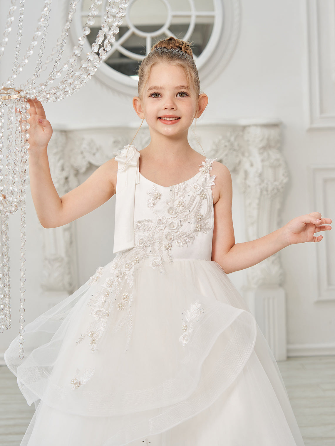 Vestido de princesa/vestido de tul hasta el suelo para niña de las flores de la primera comunión 