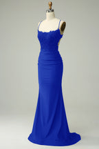 Mermaid Spaghetti Straps Royal Blue Long Prom Dress with Appliques