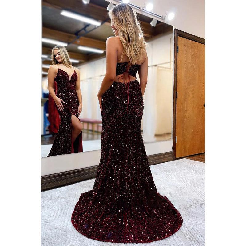 Plunging V-neck Sequins Spakly Prom Dress with Slit