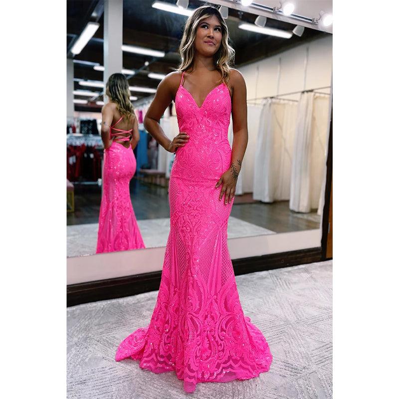 Vestido de fiesta de sirena con apliques de lentejuelas y escote en V sexy y purpurina