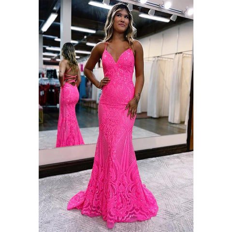 Robe de bal sirène sexy à paillettes et col en V