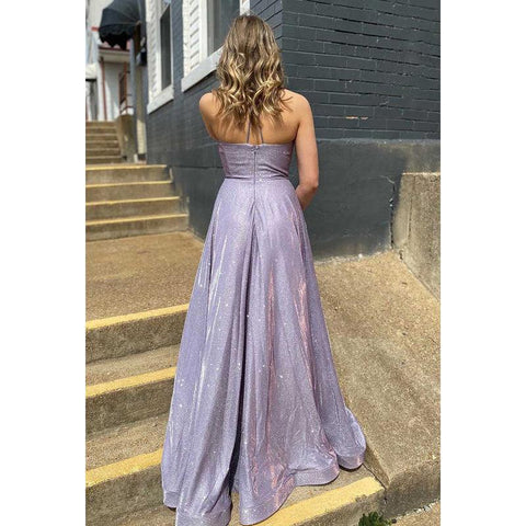 V-Neck Criss-Cross Straps Sparkly Long Prom Dress With Pockets