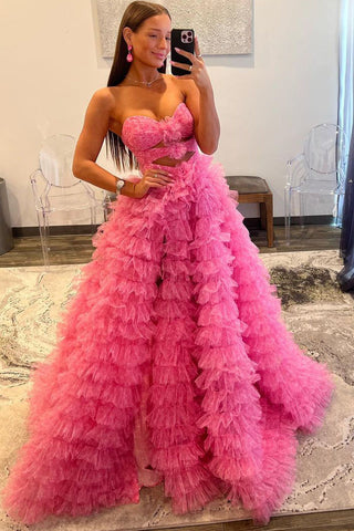 Vestido de baile de gala con escote corazón, rosa, estampado escalonado, de tul.