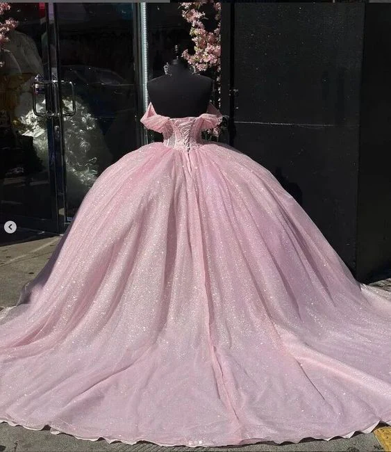 Vestido de quinceañera de tul rosa con hombros descubiertos y lentejuelas, modelo Y7462