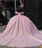 Vestido de quinceañera de tul rosa con hombros descubiertos y lentejuelas, modelo Y7462