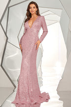 Robe de bal à sequins dos nu à manches longues et fente
