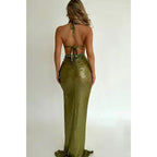 Vestido de fiesta largo de noche verde con lentejuelas y cuentas, sexy y ajustado con cuello halter 