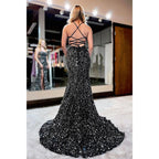 Vestido de fiesta para mujer con tirantes finos, lentejuelas negras y brillantes 