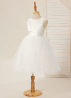 Vestido de princesa/vestido de princesa de satén y tul hasta la rodilla para niña de las flores 