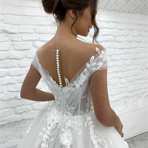 Princess Lace Tulle A Line Wedding Dress Sweetheart Cap Sleeve 3D Appliques Boho Bridal Gowns For Woman Button Vestidos De Novia