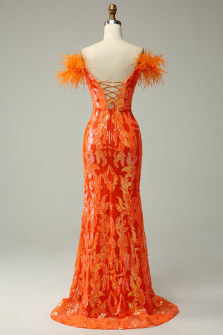 Mermaid Off the Shoulder Orange Long Prom Dress with Feathers