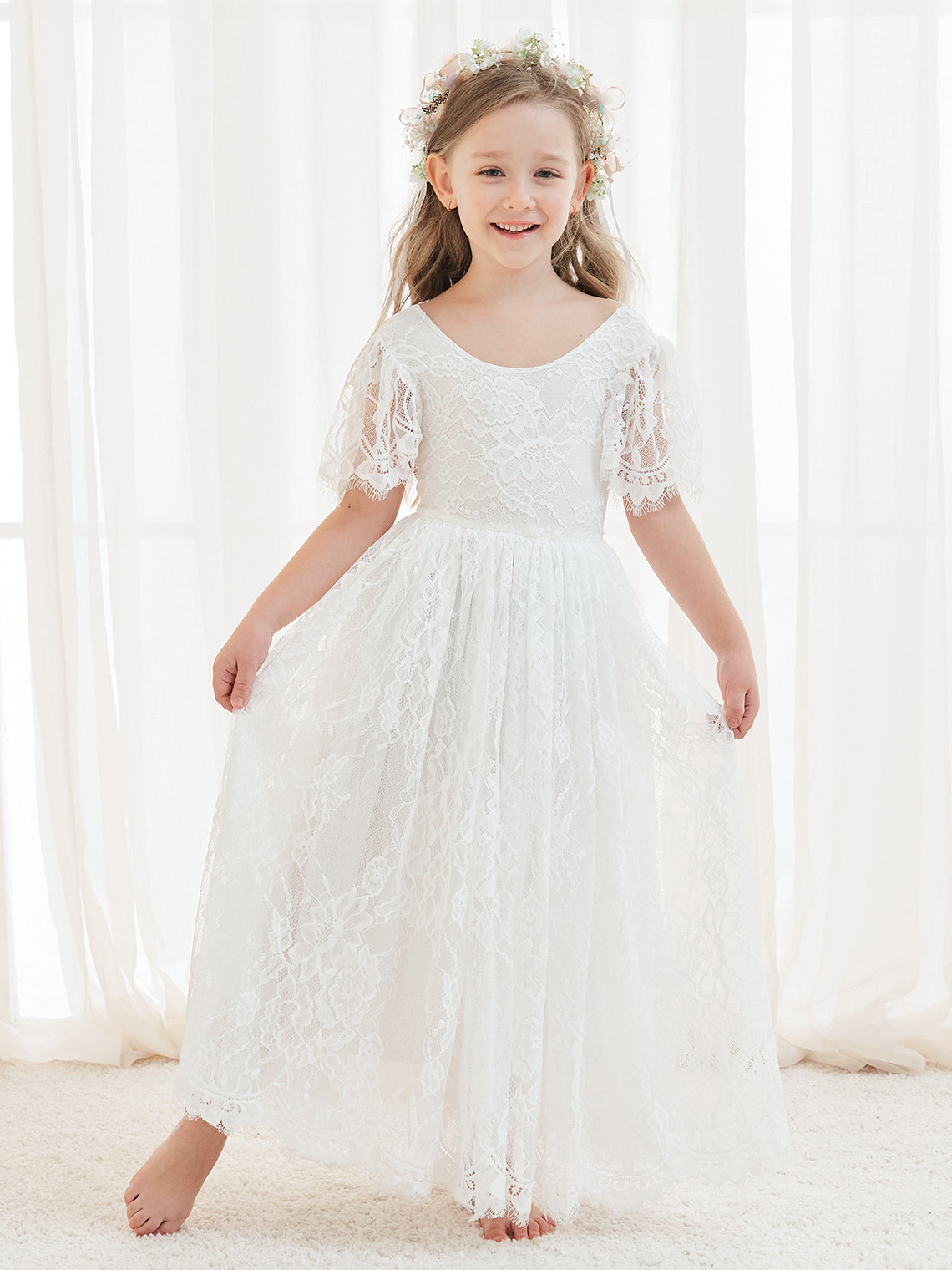 Vestido boho de niña de las flores color marfil, corte en A, de encaje y largo hasta el tobillo 