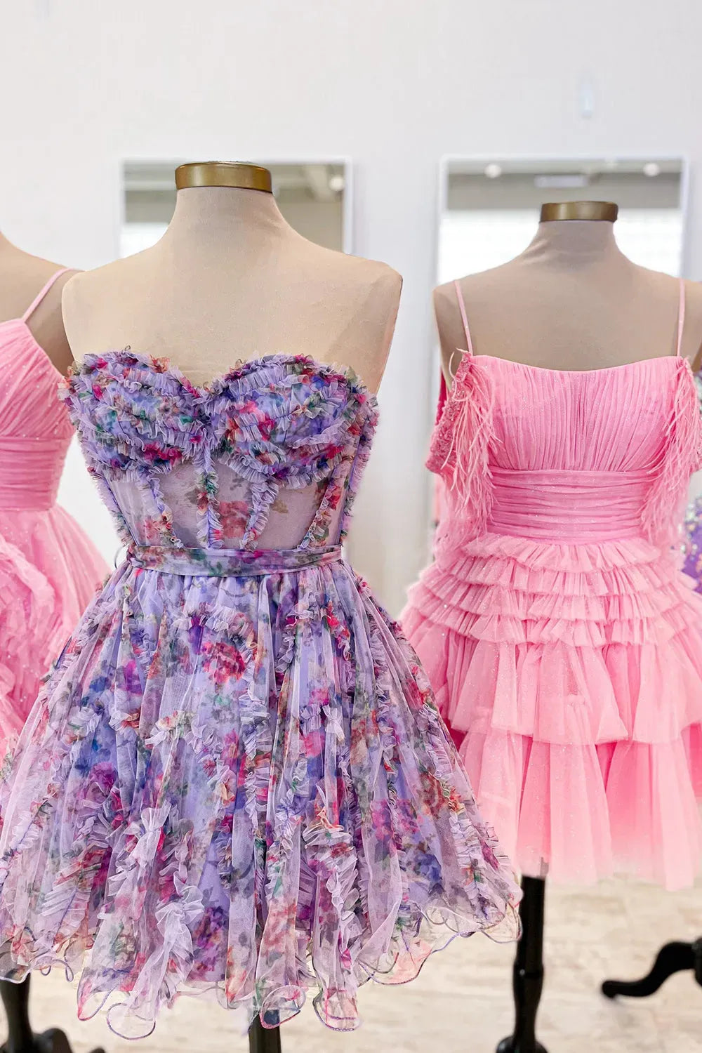 Cold Shoulder A-Line Tulle Tiered Short Homecoming Dress with Feather