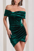 Robe mini portefeuille en velours à épaules dénudées et nœud Bardot, style Paris Streets 