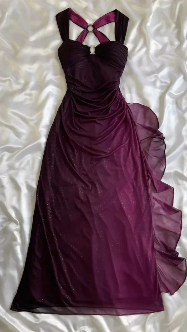 Robe de soirée longue dos nu en mousseline violet ombré raisin Y7482
