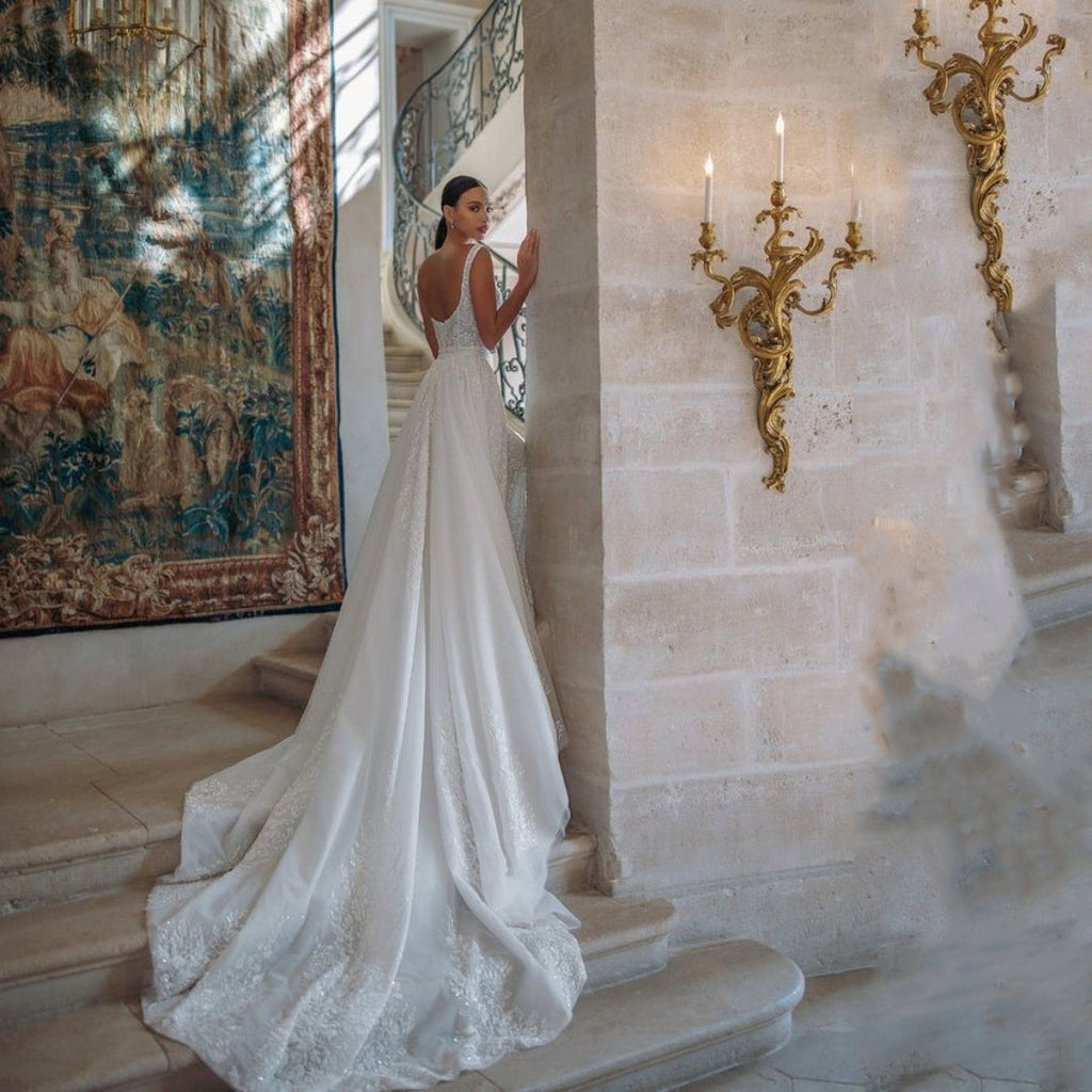 Exquisito vestido de novia para mujer, escote cuadrado, corte en A, apliques de encaje, lentejuelas, cola de tul, vestido a medida. 