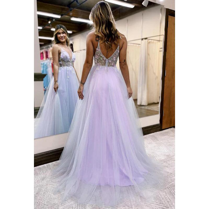 Robe de bal de fin d'année glamour et spectaculaire, col en V, bretelles spaghetti, ligne A, fente en tulle