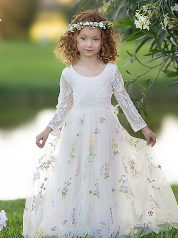 Vestido largo de niña de las flores de jardín, de tul bordado con encaje floral y corte en A 